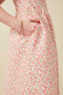 GK1839 Pink Girls Ditsy Floral Cinch Sleeve V Neck Dress Detail