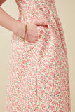 GK1839 Pink Girls Ditsy Floral Cinch Sleeve V Neck Dress Detail