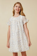 GK1878 Blue Mix Girls Light Floral Tulip Sleeve Dress Front