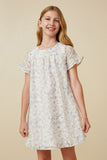 GK1878 Blue Mix Girls Light Floral Tulip Sleeve Dress Front