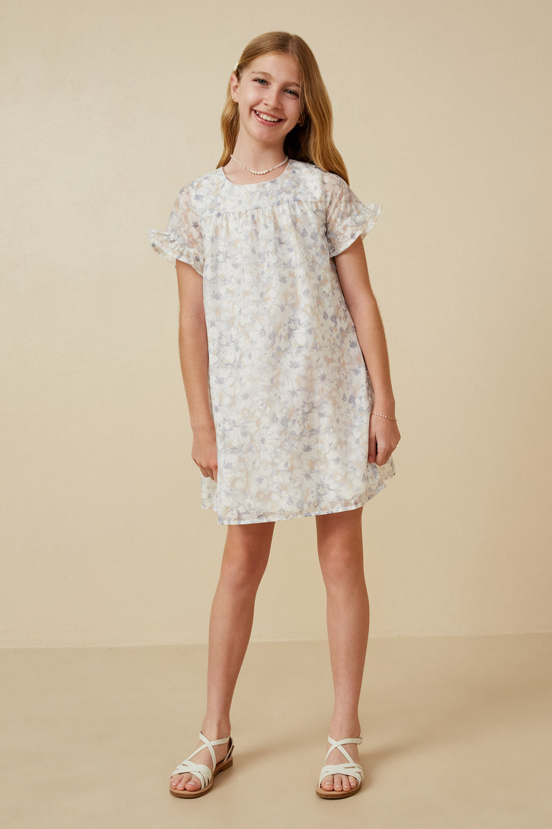 GK1878 Blue Mix Girls Light Floral Tulip Sleeve Dress Full Body