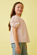 GK1893 Pink Girls Seersucker Textured Puff Sleeve Top Side