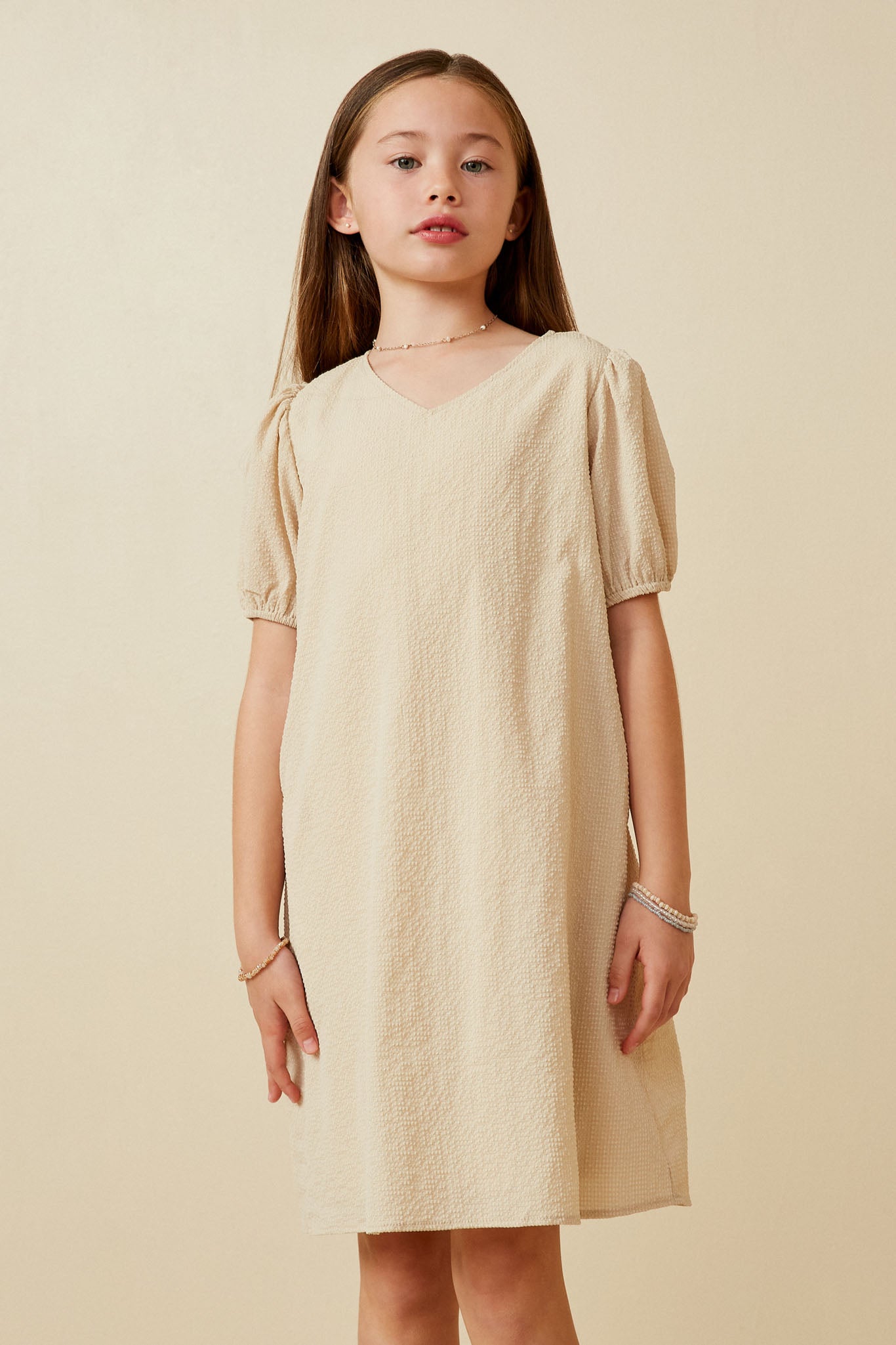 Seersucker Textured V Neck Puff Sleeve Dress