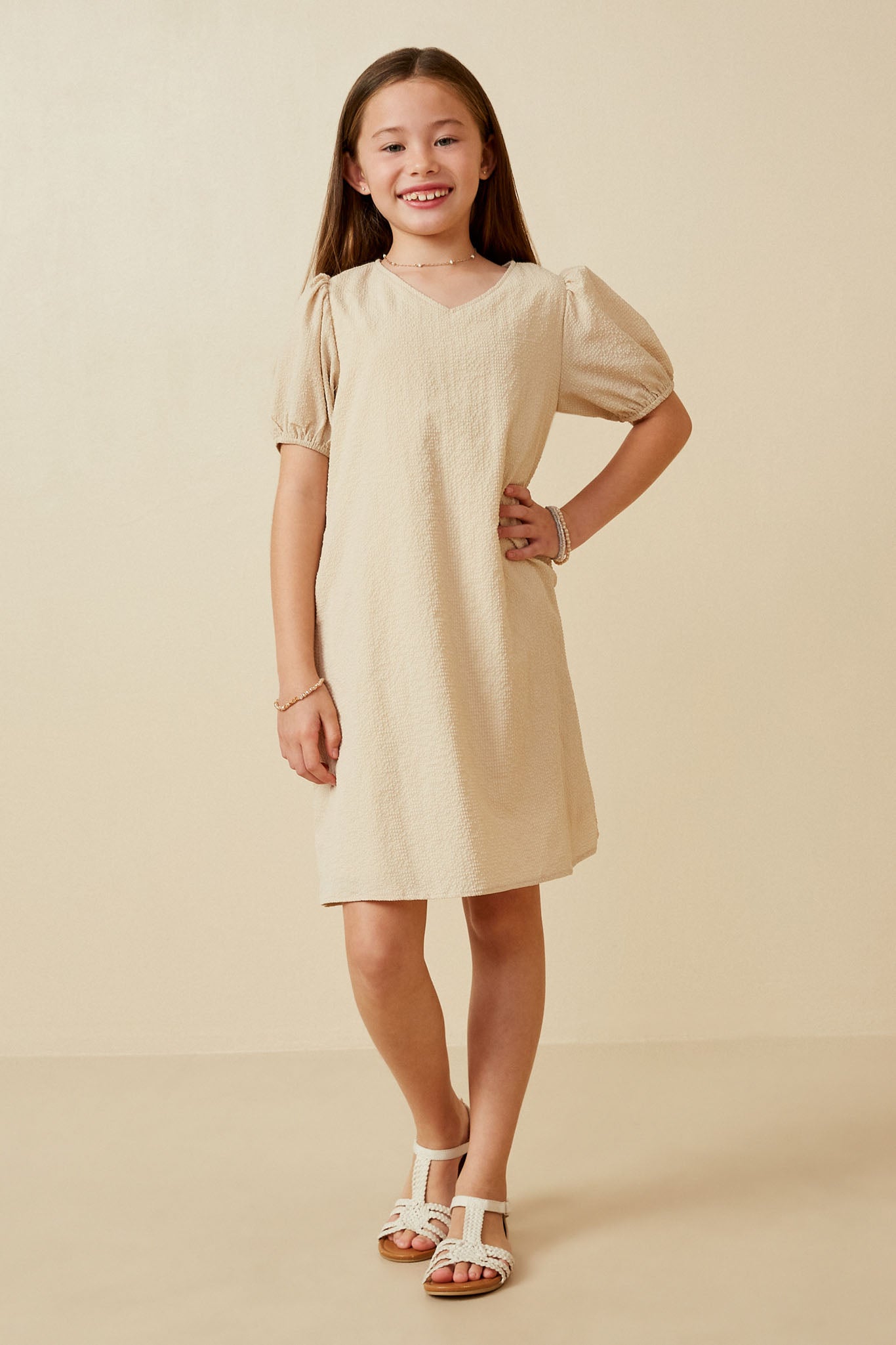 Seersucker Textured V Neck Puff Sleeve Dress