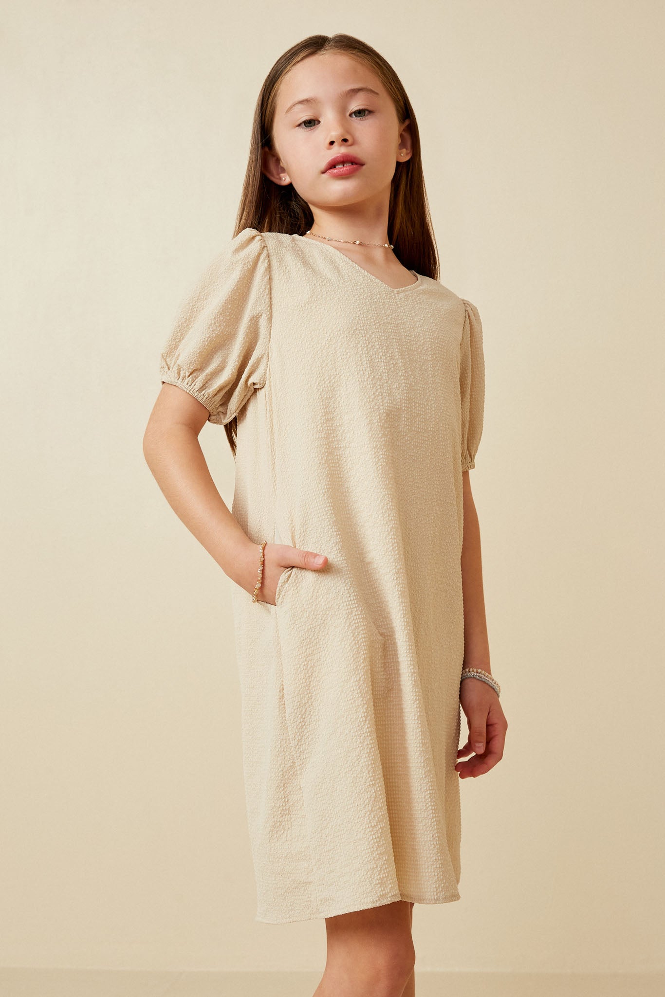 Girls Textured Puff Sleeve Dress