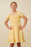 Girls Ditsy Print Button Detail Square Neck Puff Sleeve Dress Front