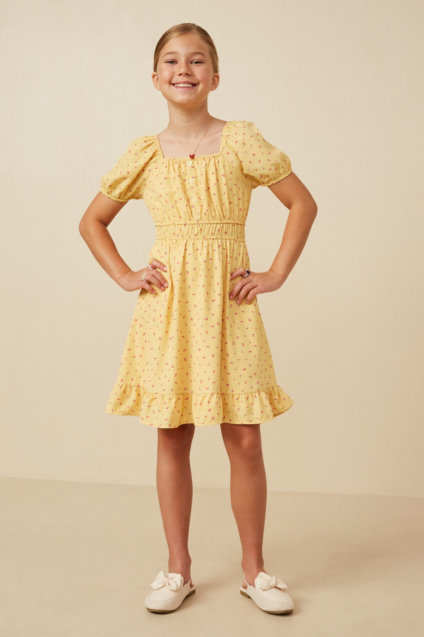 Ditsy Print Button Detail Square Neck Puff Sleeve Dress