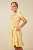 Girls Ditsy Print Button Detail Square Neck Puff Sleeve Dress Side
