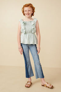 GK1930 Sage Girls Handkerchief Print Smocked Ruffle Tank Full Body