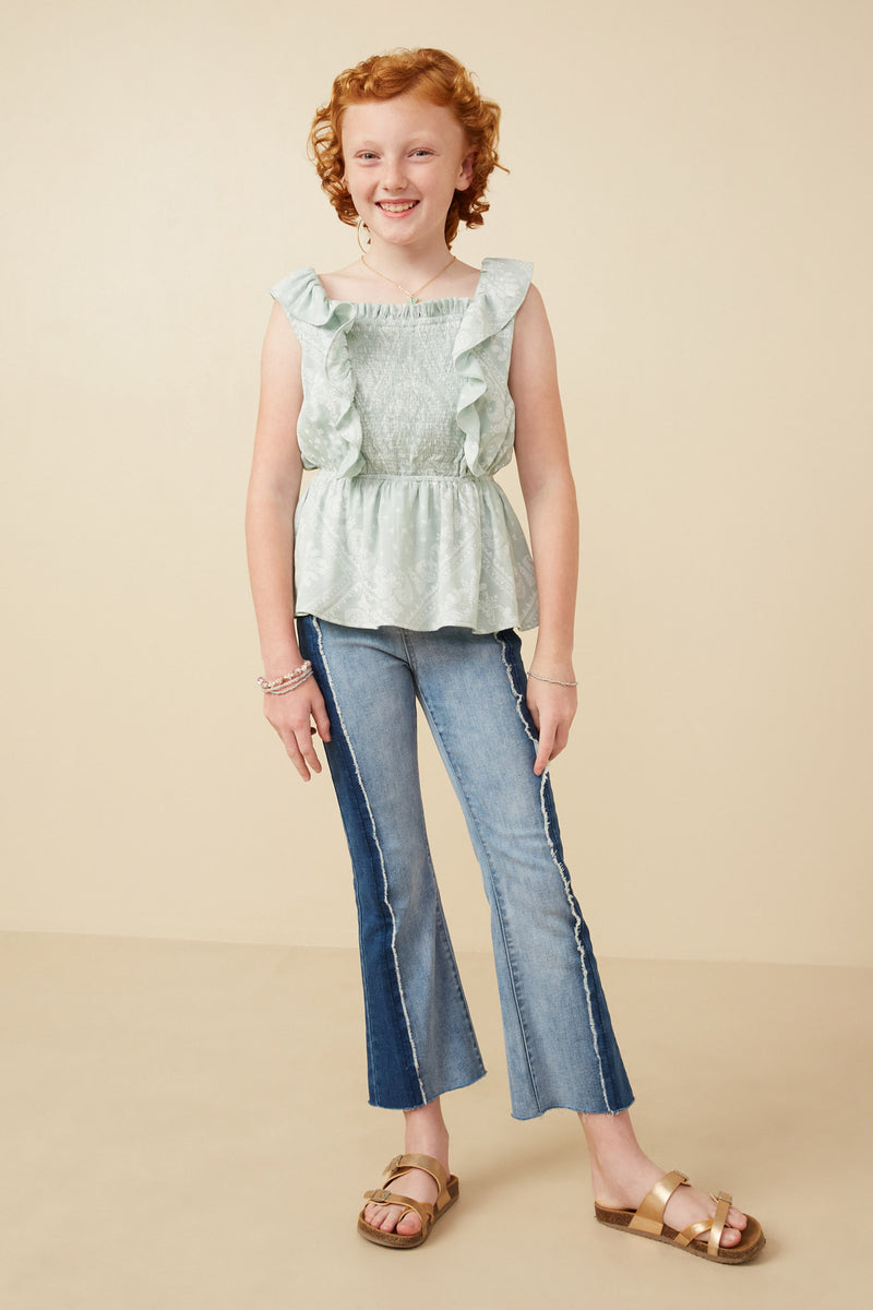 GK1930 Sage Girls Handkerchief Print Smocked Ruffle Tank Full Body