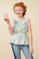 GK1930 Sage Girls Handkerchief Print Smocked Ruffle Tank Front