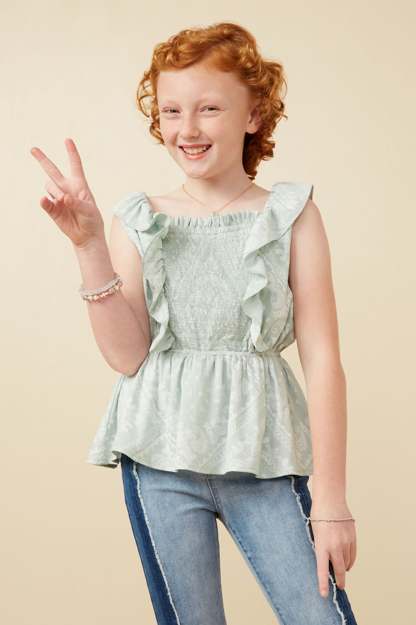 GK1930 Sage Girls Handkerchief Print Smocked Ruffle Tank Front