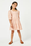 GN4013 BLUSH Girls Square Neck Button Detail Tiered Dress Full Body