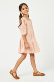 GN4013 BLUSH Girls Square Neck Button Detail Tiered Dress Side