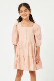 GN4013 BLUSH Girls Square Neck Button Detail Tiered Dress Front