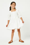 GN4013 OFF WHITE Girls Square Neck Button Detail Tiered Dress Full Body 2