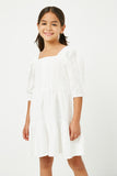 GN4013 OFF WHITE Girls Square Neck Button Detail Tiered Dress Front