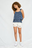 GN4017 NAVY Girls Floral Pleated Strap Layered Tank Full Body