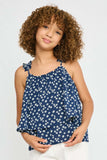 GN4017 NAVY Girls Floral Pleated Strap Layered Tank Front