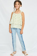 GN4017 OFF WHITE Girls Floral Pleated Strap Layered Tank Full Body
