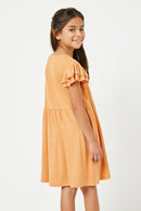 GN4037 CORAL Girls Layered Ruffle Sleeve Knit Rib Dress Back