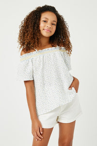GN4086 CREAM Girls Embroidered Smocked Off Shoulder Floral Top Front