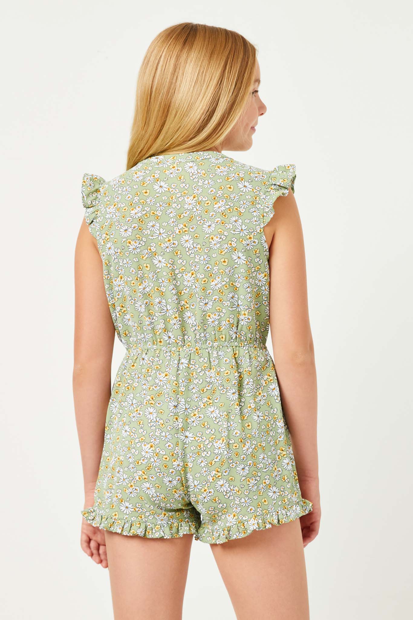 GN4107 SAGE Girls Buttoned Ruffle Floral Print Romper Side