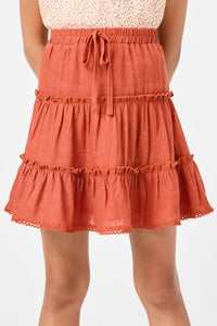 GN4116 RUST Girls Crochet Hem Tiered Ruffle Skirt Side