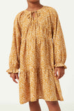 GN4117 MUSTARD Girls Ditsy Floral Tie Neck Long Sleeve Dress Detail