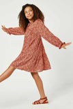 GN4117 RUST Girls Ditsy Floral Tie Neck Long Sleeve Dress Side