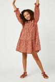 GN4117 RUST Girls Ditsy Floral Tie Neck Long Sleeve Dress Full Body