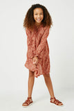 GN4117 RUST Girls Ditsy Floral Tie Neck Long Sleeve Dress Front