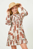 GN4118 RUST Girls Paisley Patchwork Print Smocked Dress Front