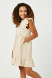 GN4121 OATMEAL Girls Linen Look Ruffled Sleeve Keyhole Dress Side