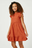 GN4121 RUST Girls Linen Look Ruffled Sleeve Keyhole Dress Front