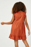 GN4121 RUST Girls Linen Look Ruffled Sleeve Keyhole Dress Side
