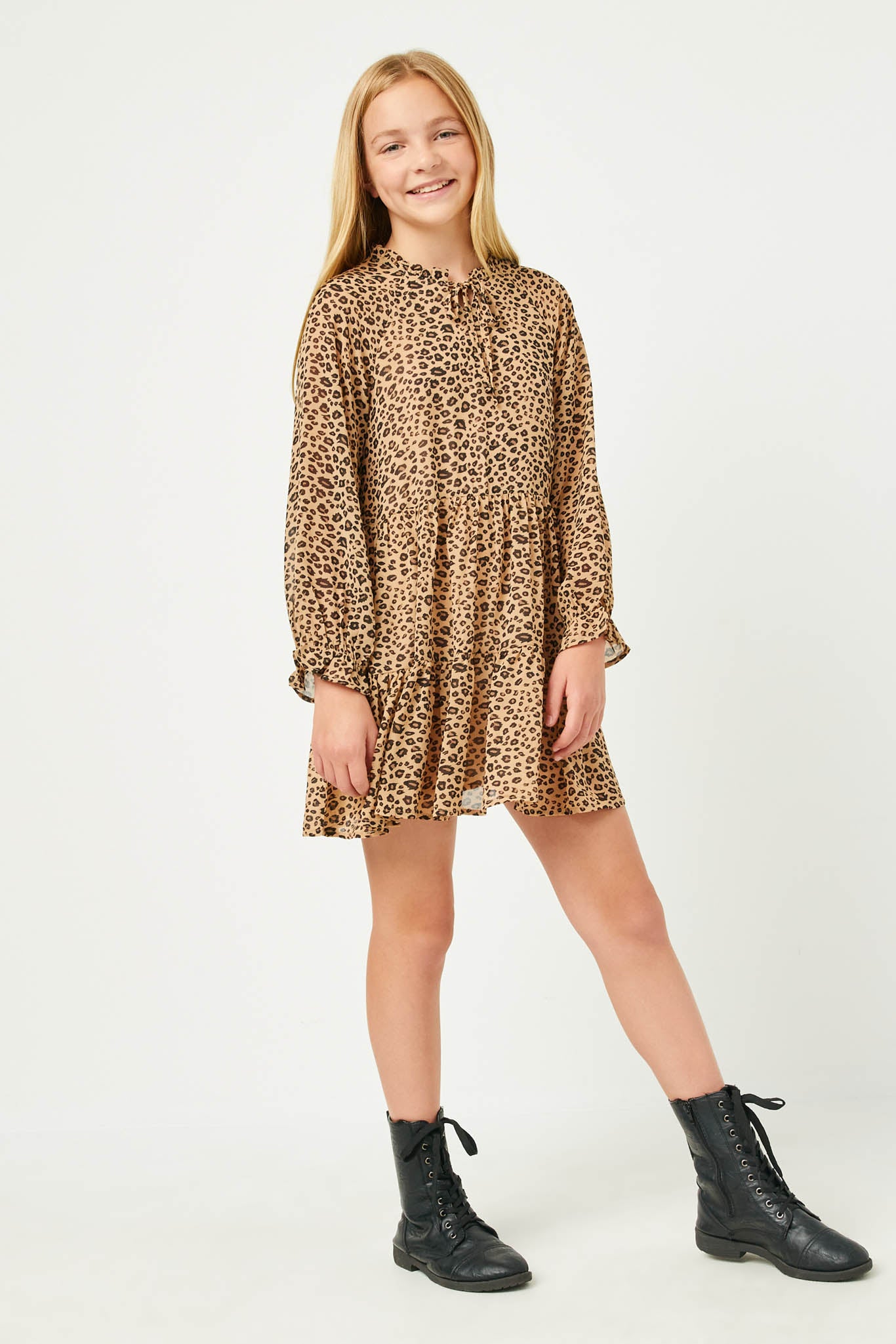 Leopard Print Tie Neck Sleeve Dress Leopard Print Tie Neck Sleeve Dress