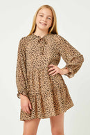 GN4129 LEOPARD Girls Leopard Print Tie Neck Ruffled Sleeve Dress Front 2