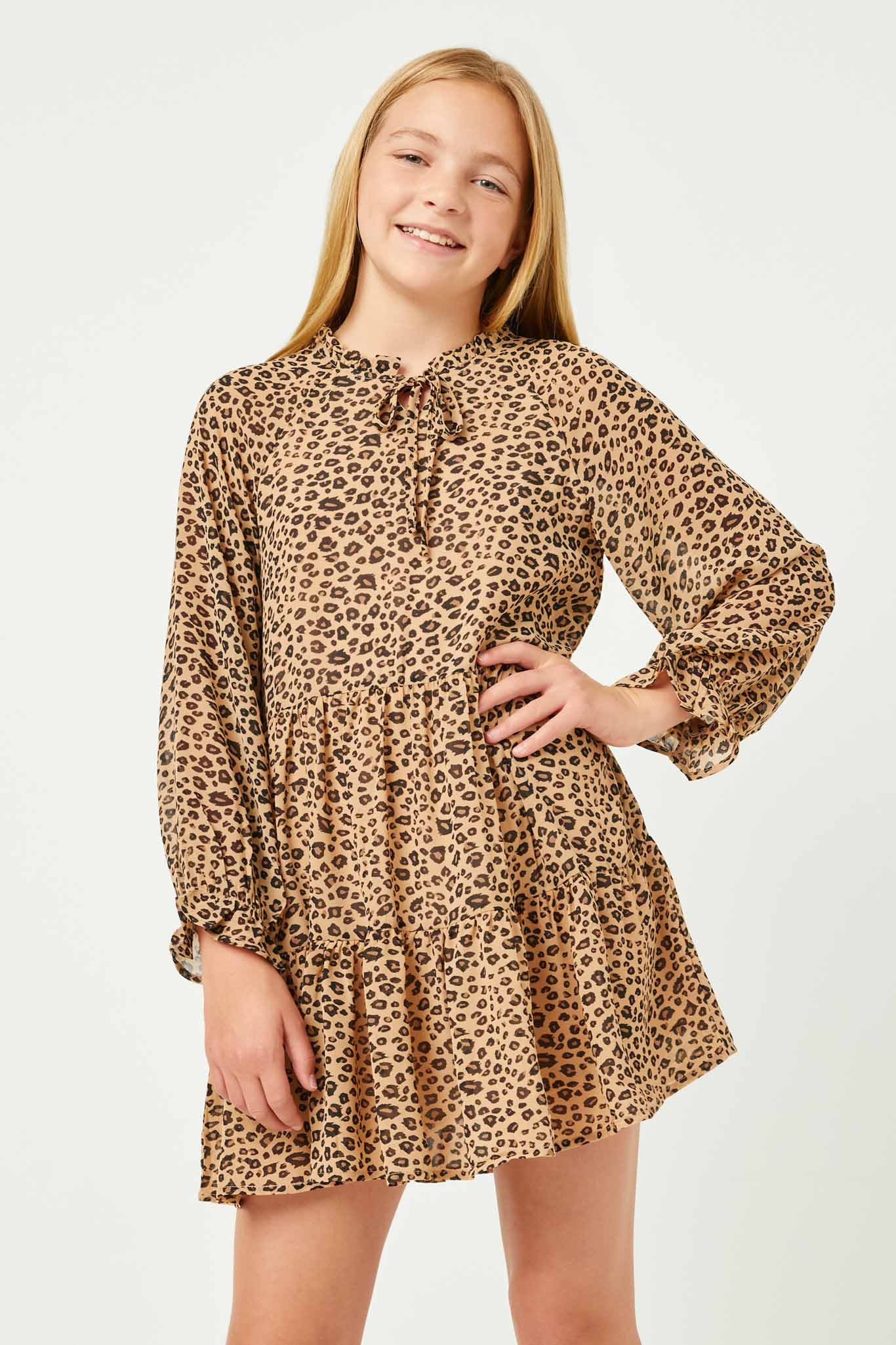 GN4129 LEOPARD Girls Leopard Print Tie Neck Ruffled Sleeve Dress Front 2