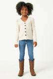 GN4132 OATMEAL Girls Puff Shoulder Marled Knit Buttoned Cardigan Full Body