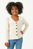 GN4132 OATMEAL Girls Puff Shoulder Marled Knit Buttoned Cardigan Front