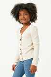 GN4132 OATMEAL Girls Puff Shoulder Marled Knit Buttoned Cardigan Side