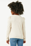 GN4132 OATMEAL Girls Puff Shoulder Marled Knit Buttoned Cardigan Back