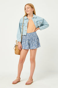 GN4133 BLUE Girls Ditsy Printed Smocked Waist Loose Short Full Body 2