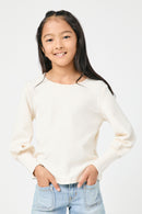 GN4155 IVORY Girls Textured Rib Exaggerated Cuff Knit Top Front