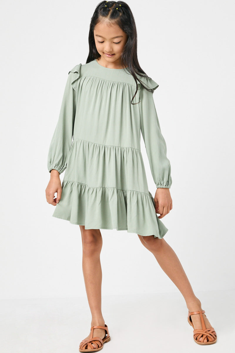 Ruffled Shoulder Long Sleeve Dress