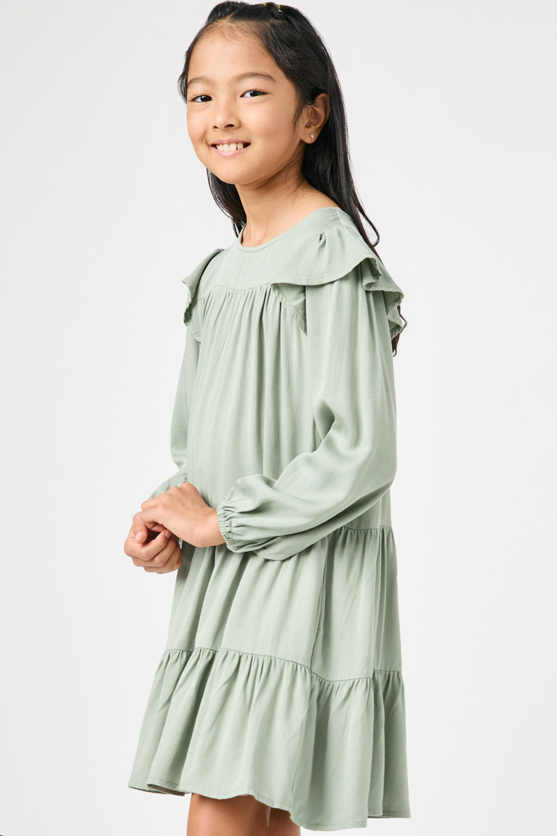 Ruffled Shoulder Long Sleeve Dress