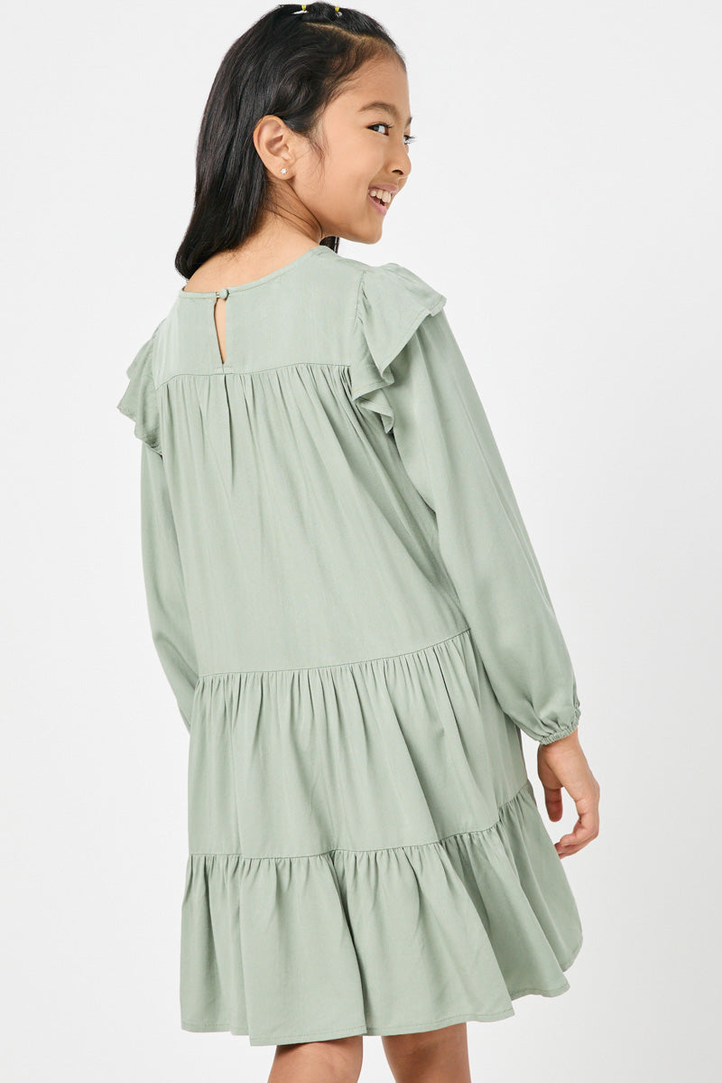 GN4157 OLIVE Girls Ruffled Shoulder Long Sleeve Dress Back