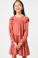 GN4157 RUST Girls Ruffled Shoulder Long Sleeve Dress Detail