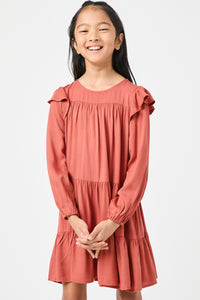 GN4157 RUST Girls Ruffled Shoulder Long Sleeve Dress Detail